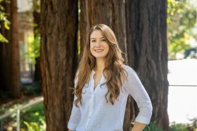 Megan Durham in front of redwood trees